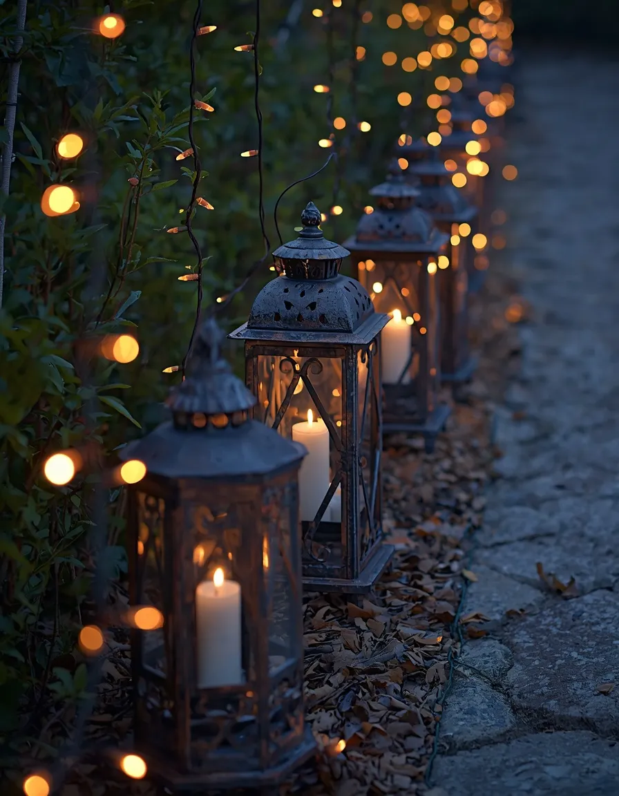 Lanterns and fairy lights in a witchy garden