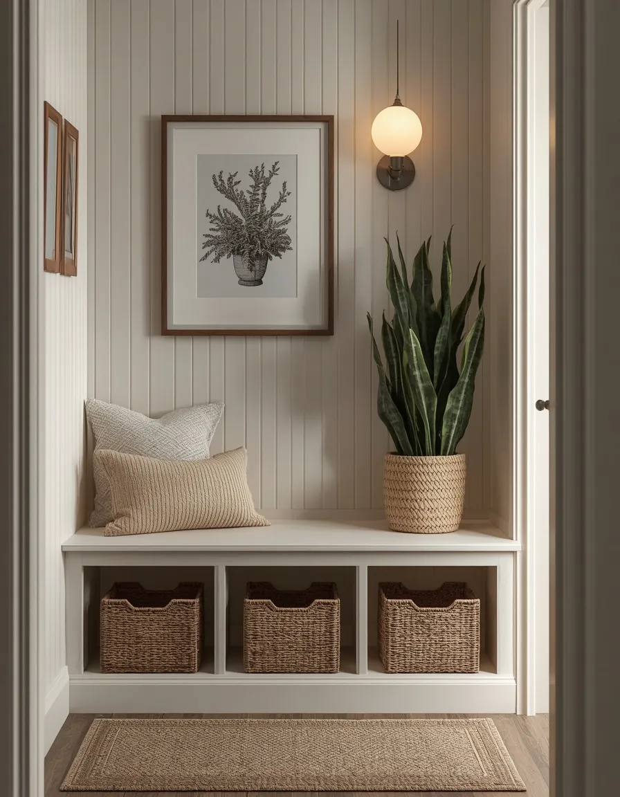 Styled mudroom bench with decor