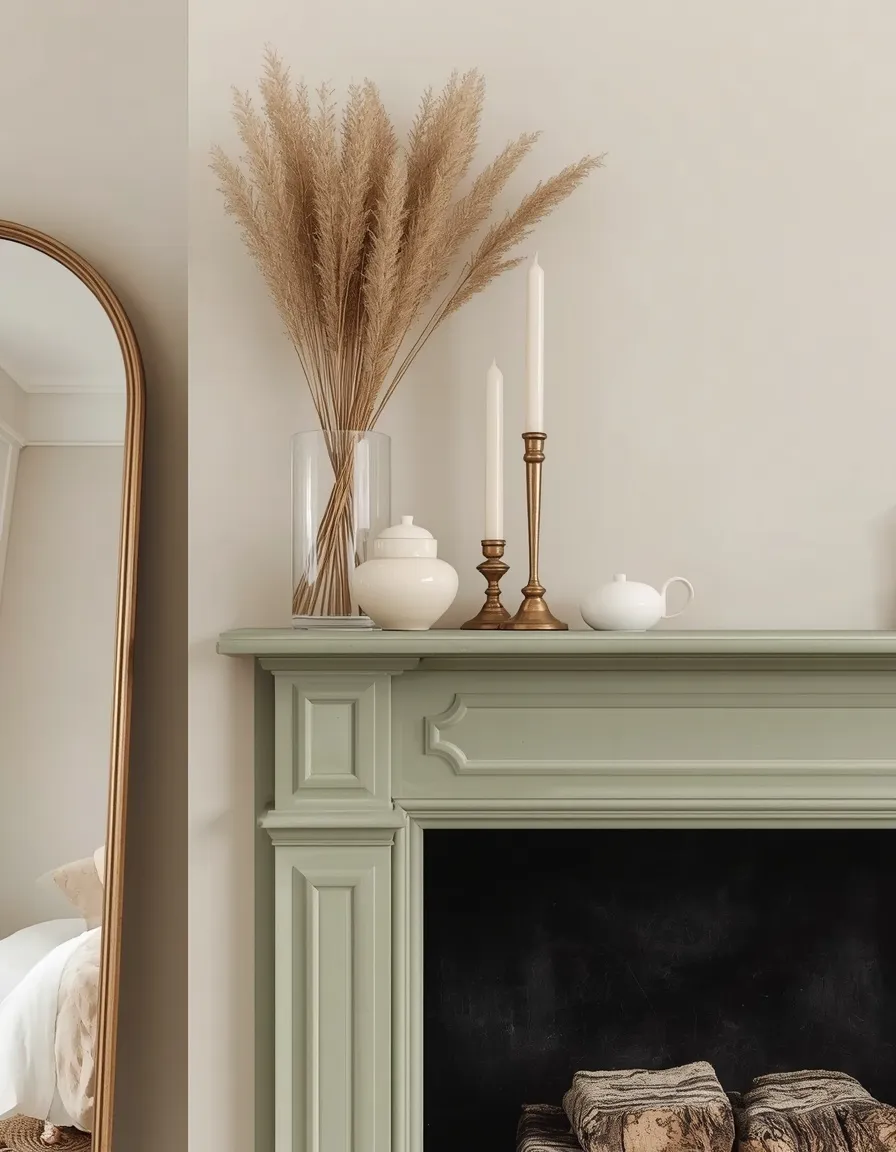 Styled sage green fireplace mantel