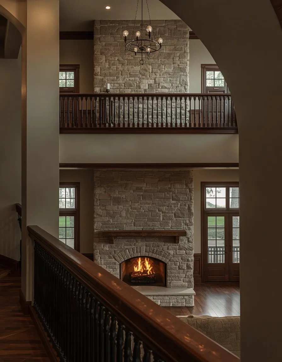 Two story fireplace seen from a balcony