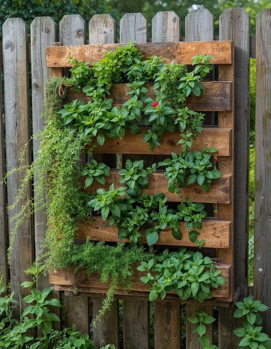 Vertical pallet herb garden on a fence