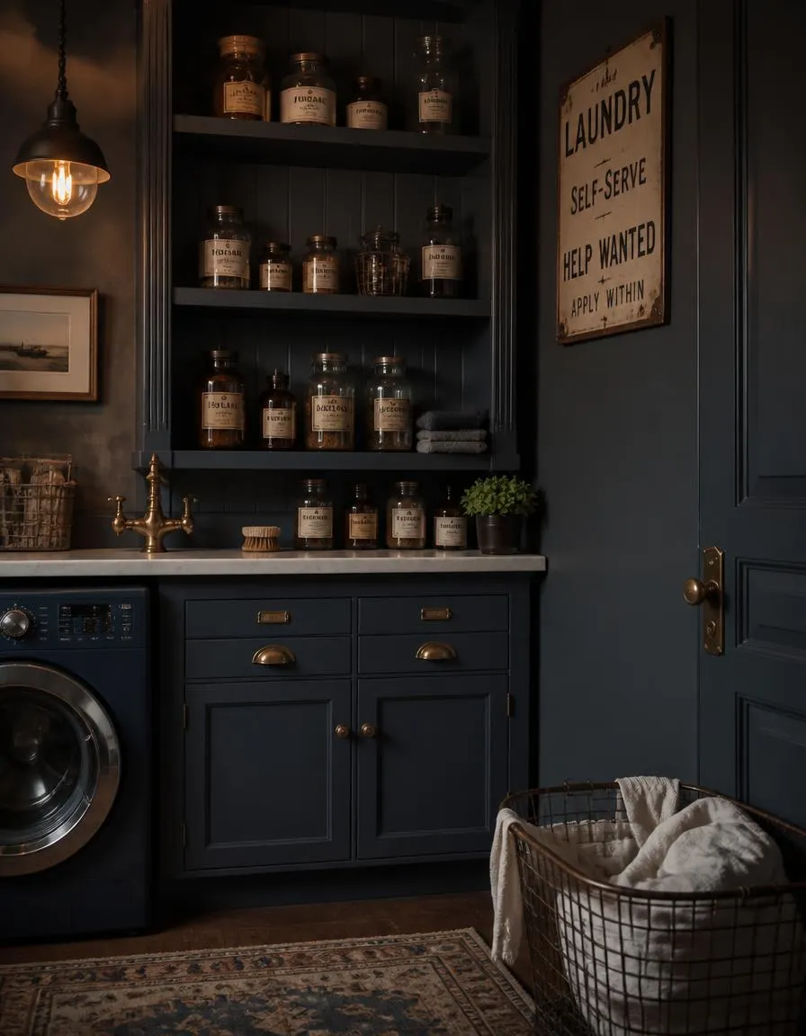 Vintage apothecary moody laundry room
