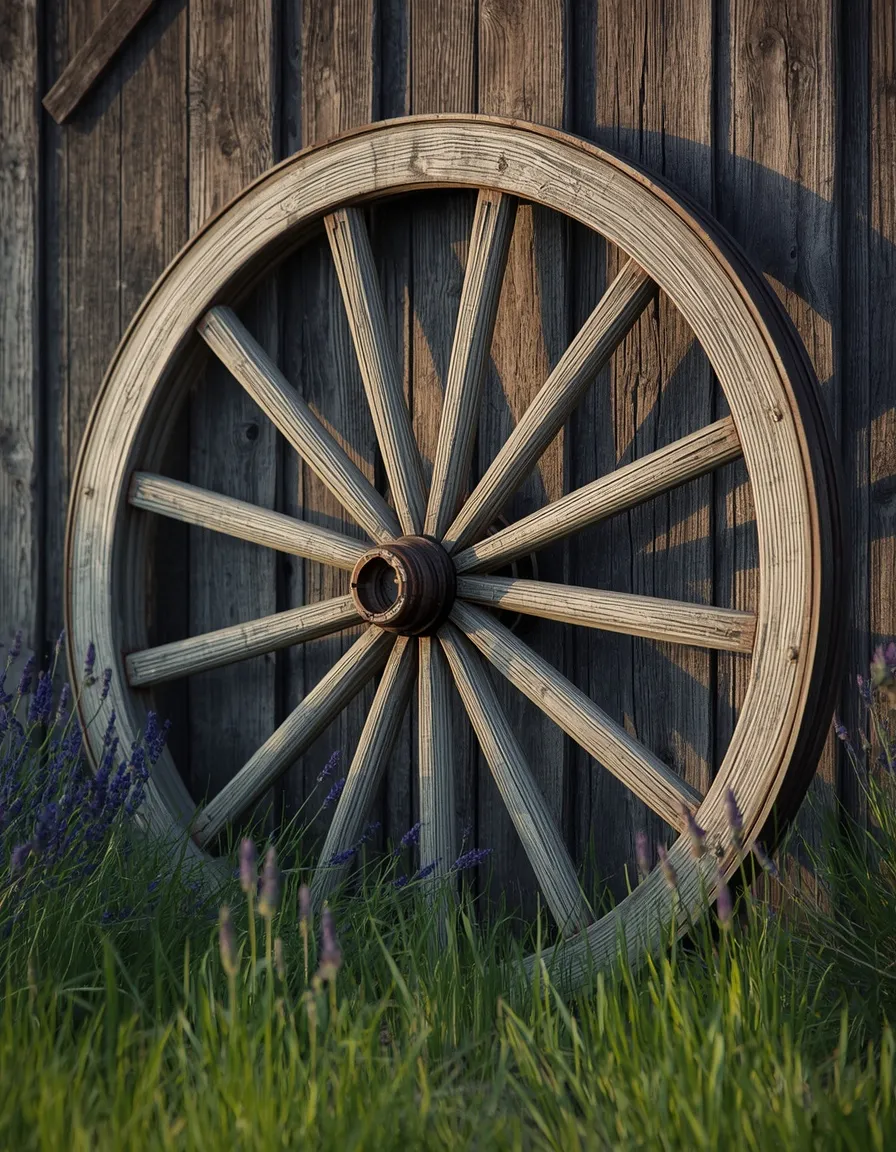 Wagon wheel garden focal point with lavender