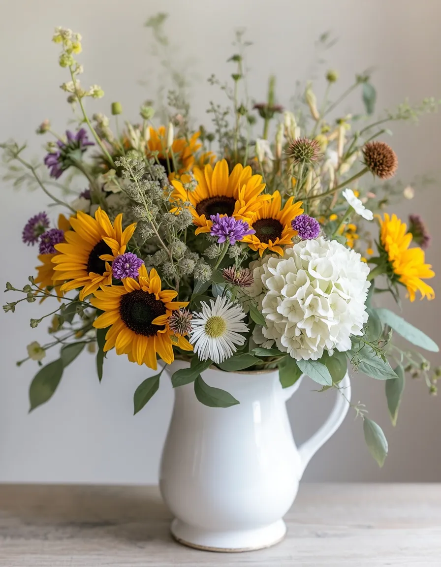 Farmhouse summer flower arrangement in pitcher