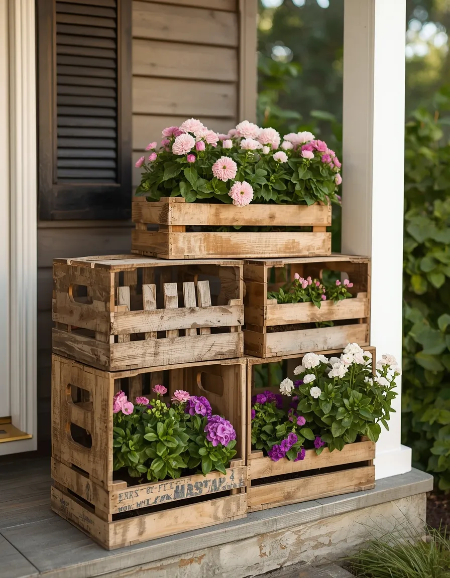 Wooden crate flower rack idea for porches