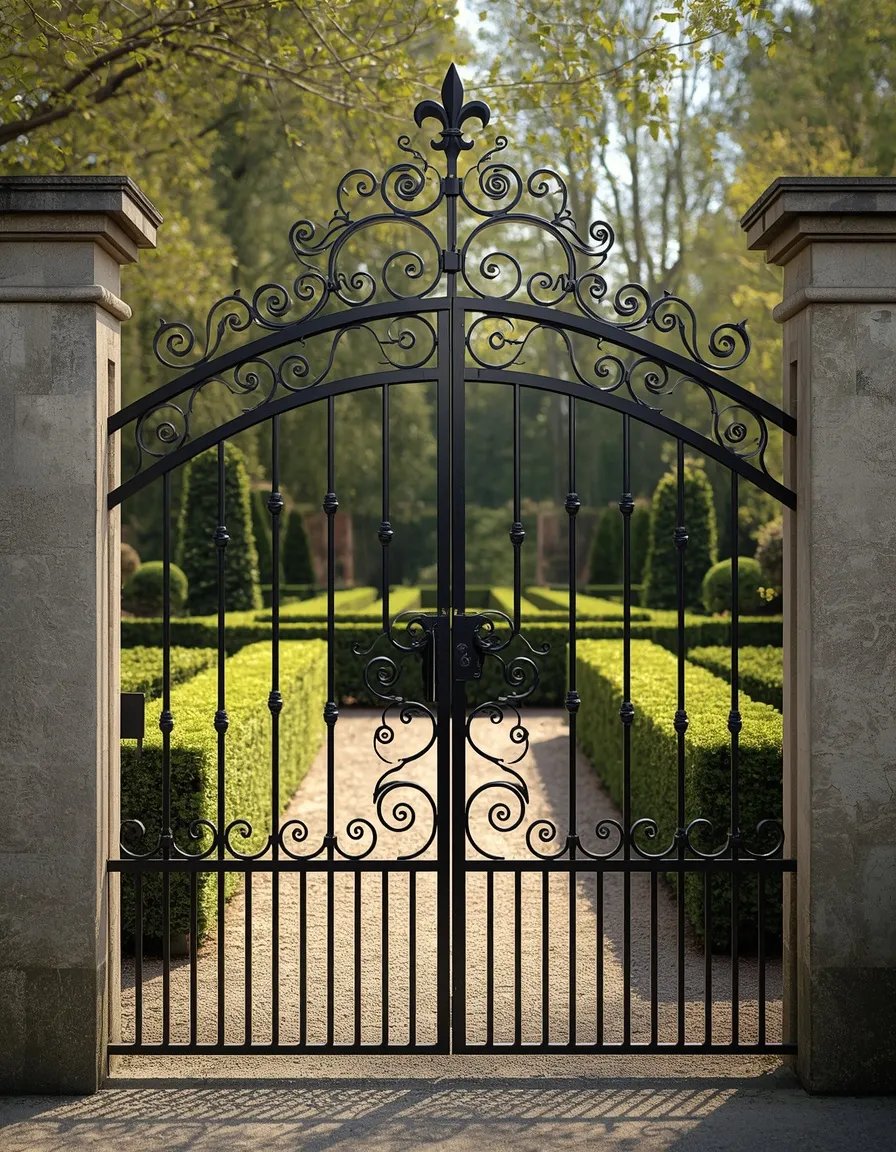 Wrought iron scrollwork garden gate