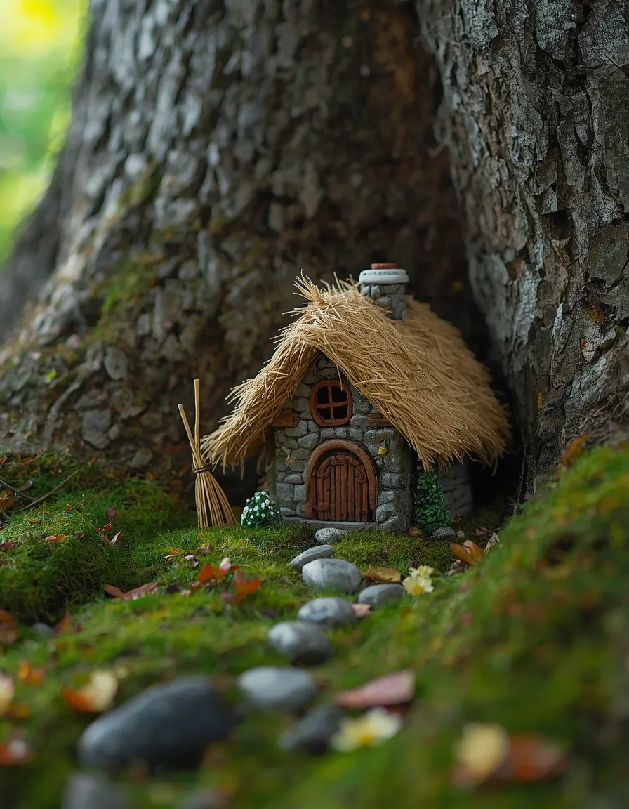 Miniature witch cottage in a fairy garden