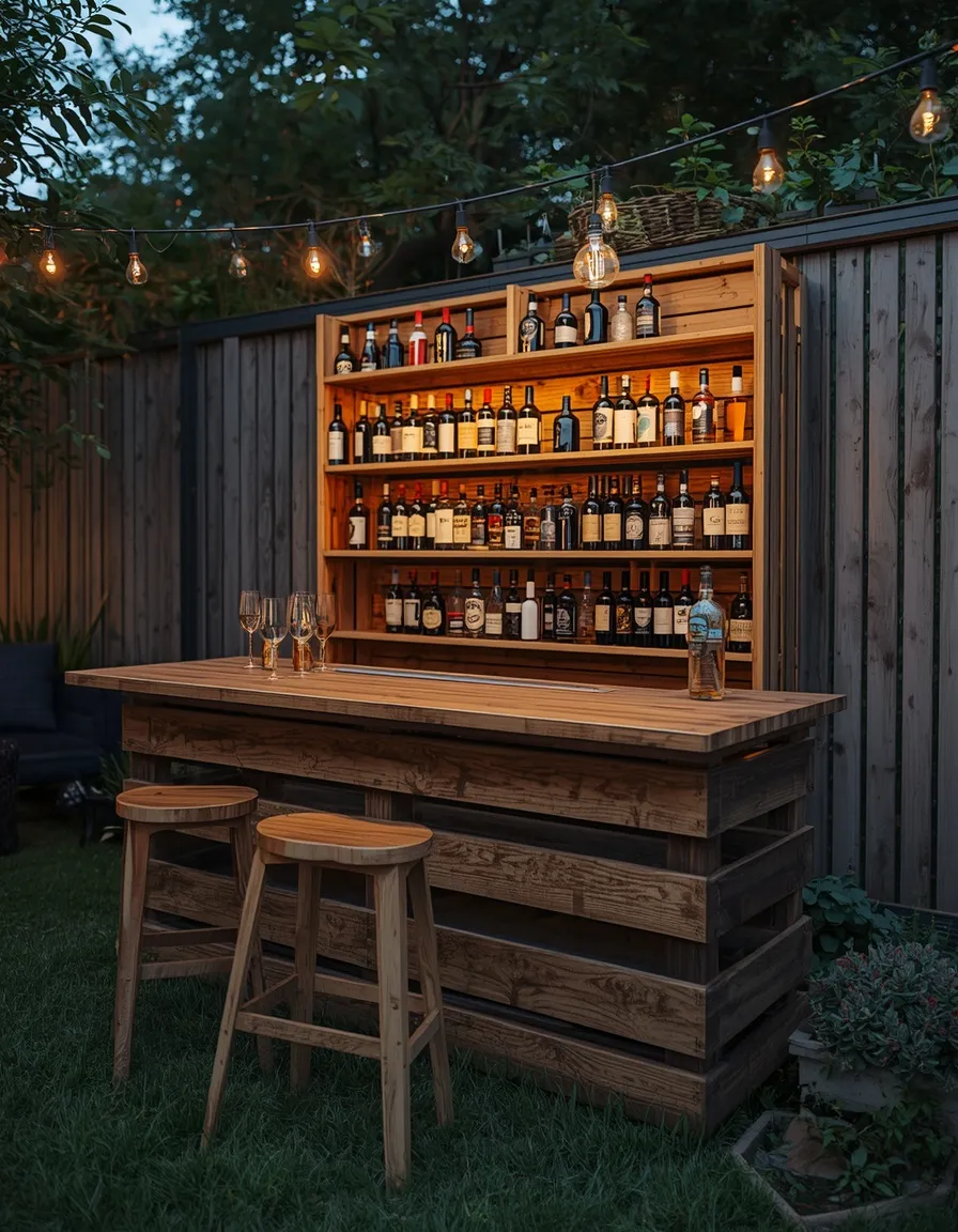 Pallet garden bar with string lights