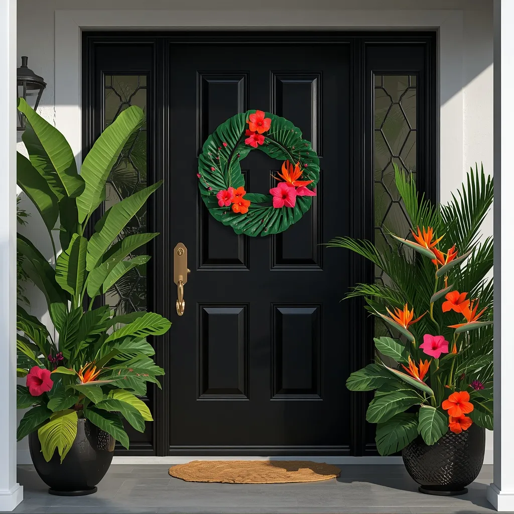 Tropical bold-bloom black front door