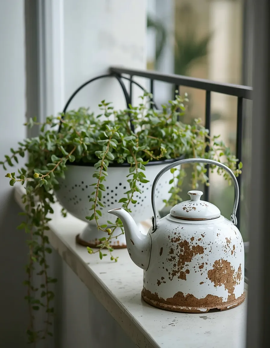 Upcycled planters on urban balcony