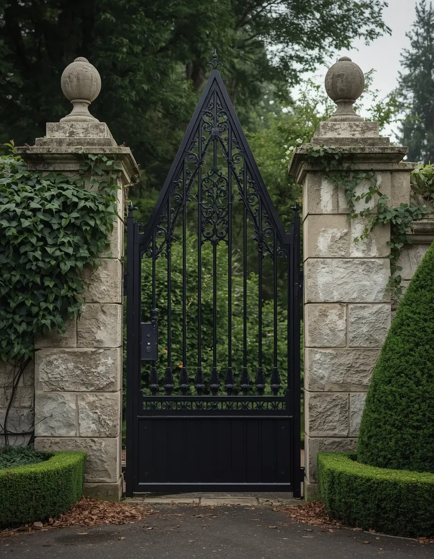 Gothic arched iron garden gate design