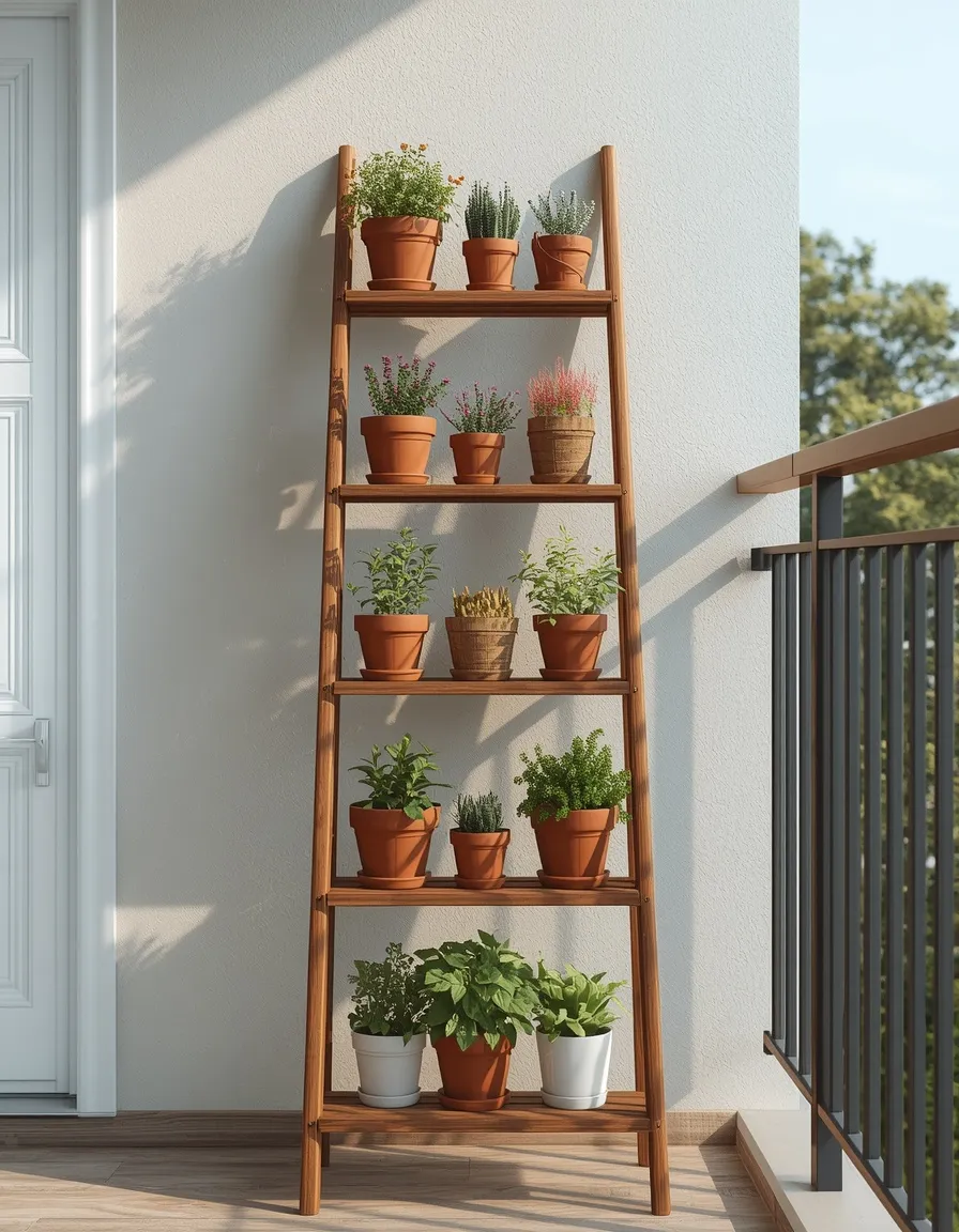 Tiered plant ladder on balcony