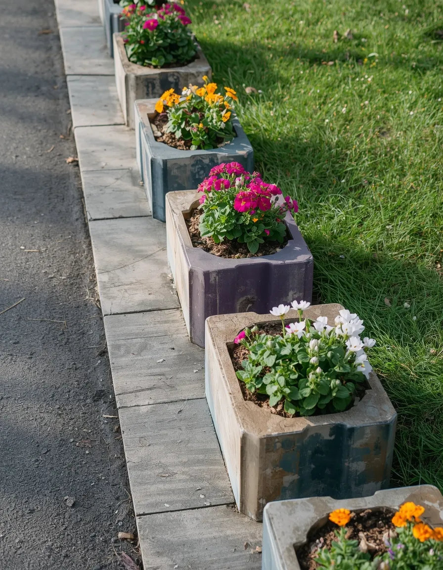 Concrete block flower rack idea outdoors