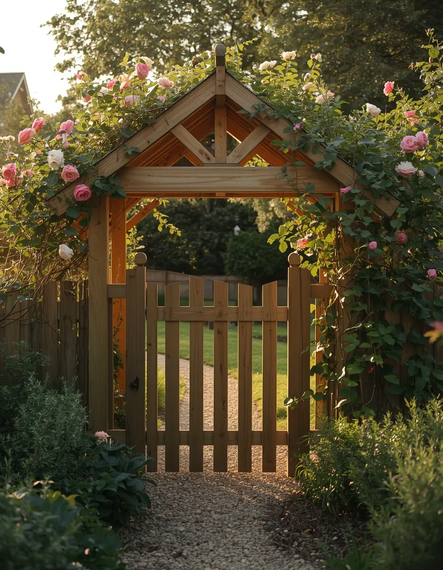 Garden gate with overhead arbor topper