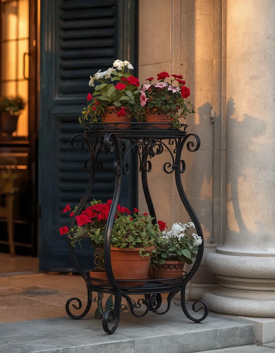 Wrought iron flower rack idea for porches