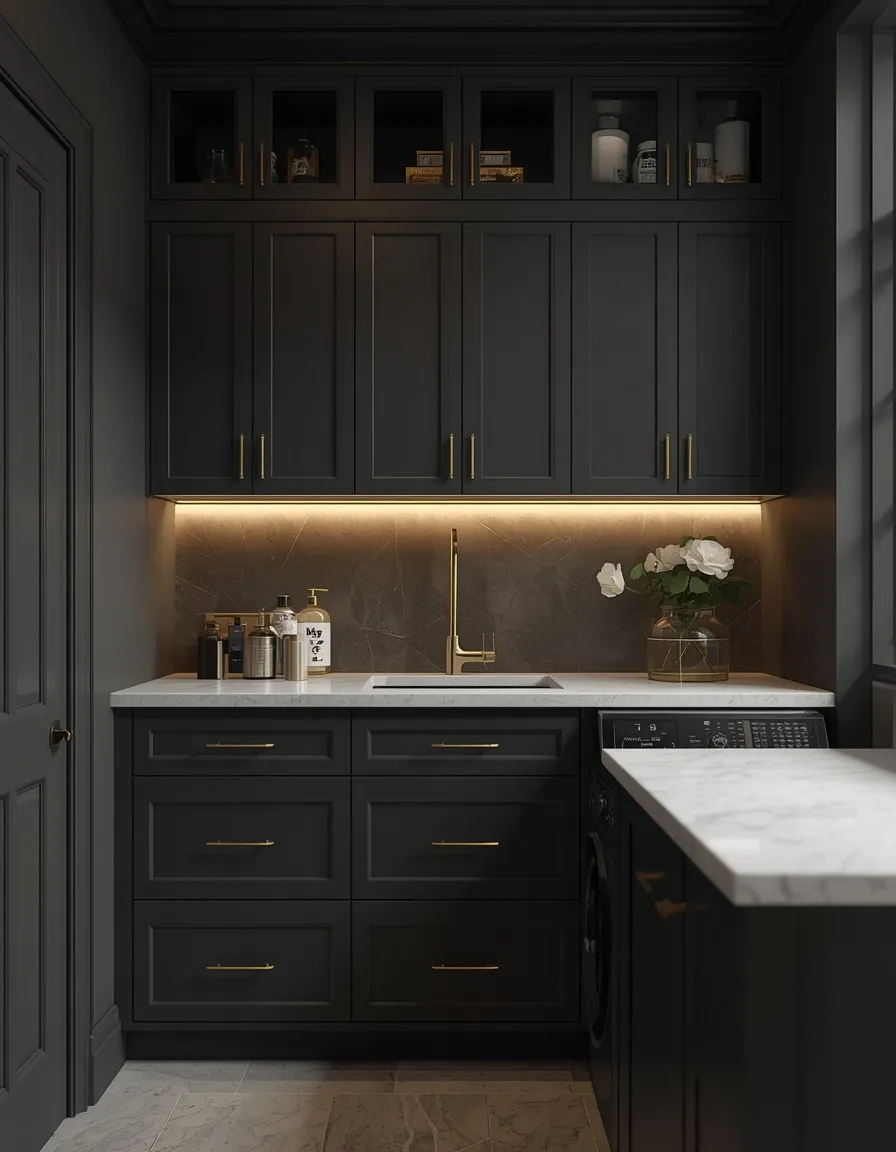 Charcoal and brass moody laundry room