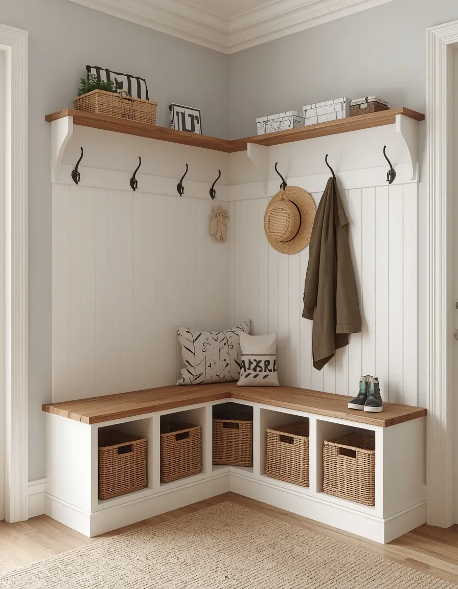 Corner L-shaped mudroom bench