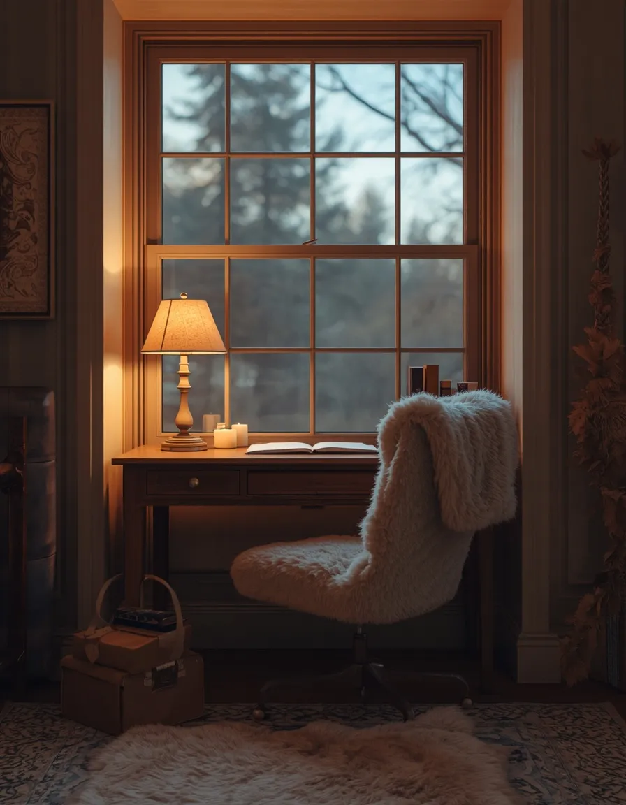 Cozy layered desk nook at a window