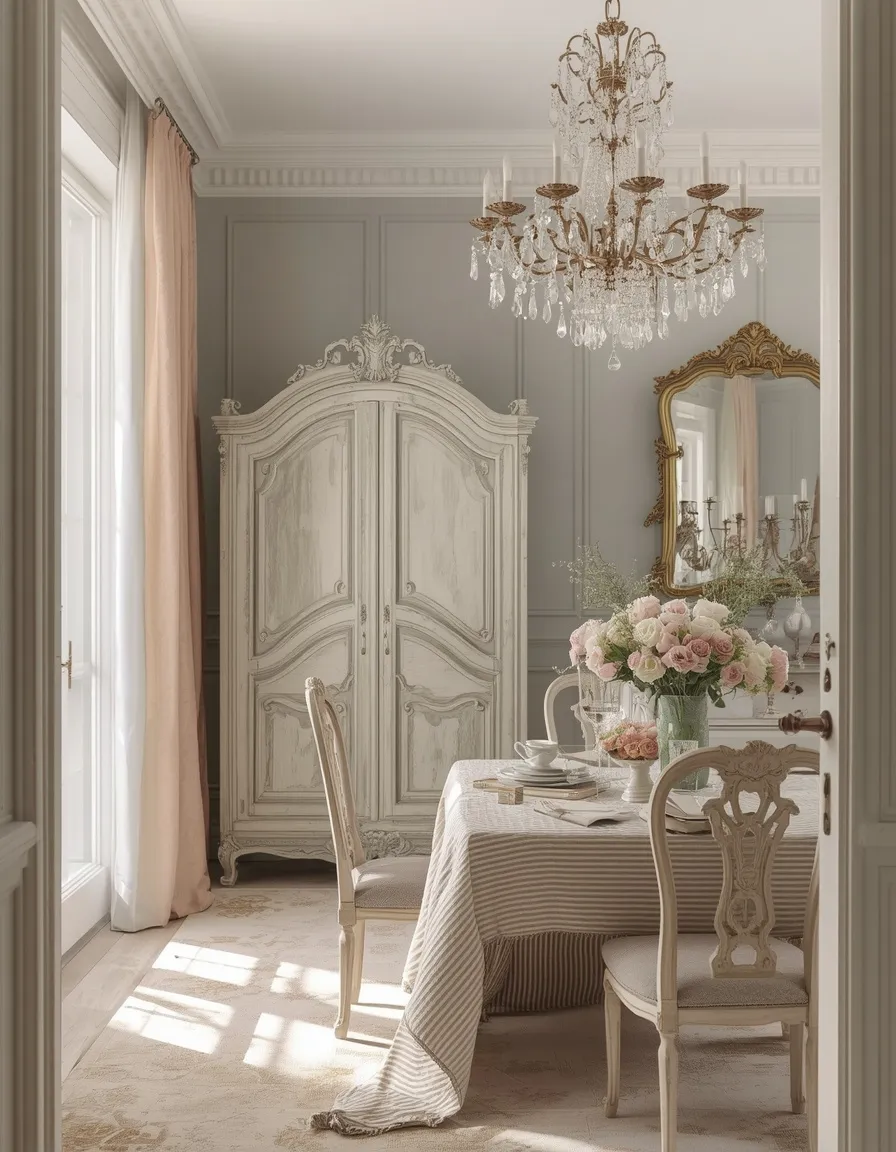 French country interior with gilded mirror