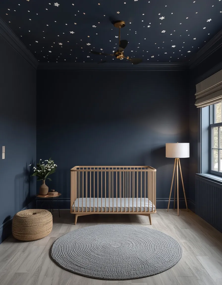 Navy nursery with painted star ceiling