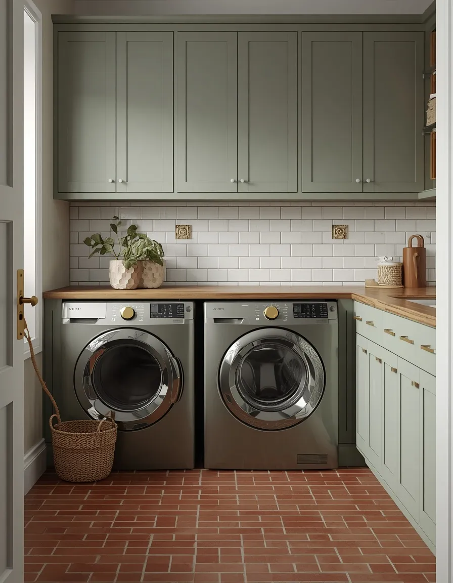 Sage green cabinets brick floor laundry