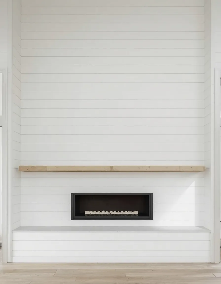 Two story white shiplap fireplace