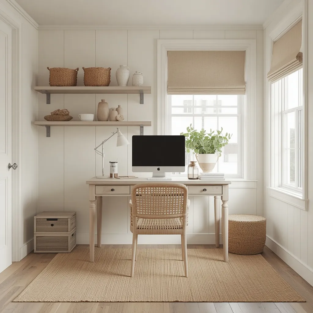 White and rattan coastal farmhouse office