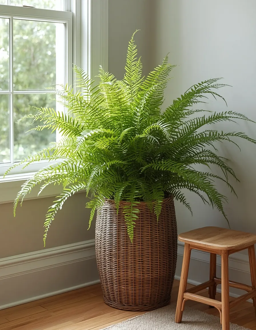 Antique wicker planter with a green fern