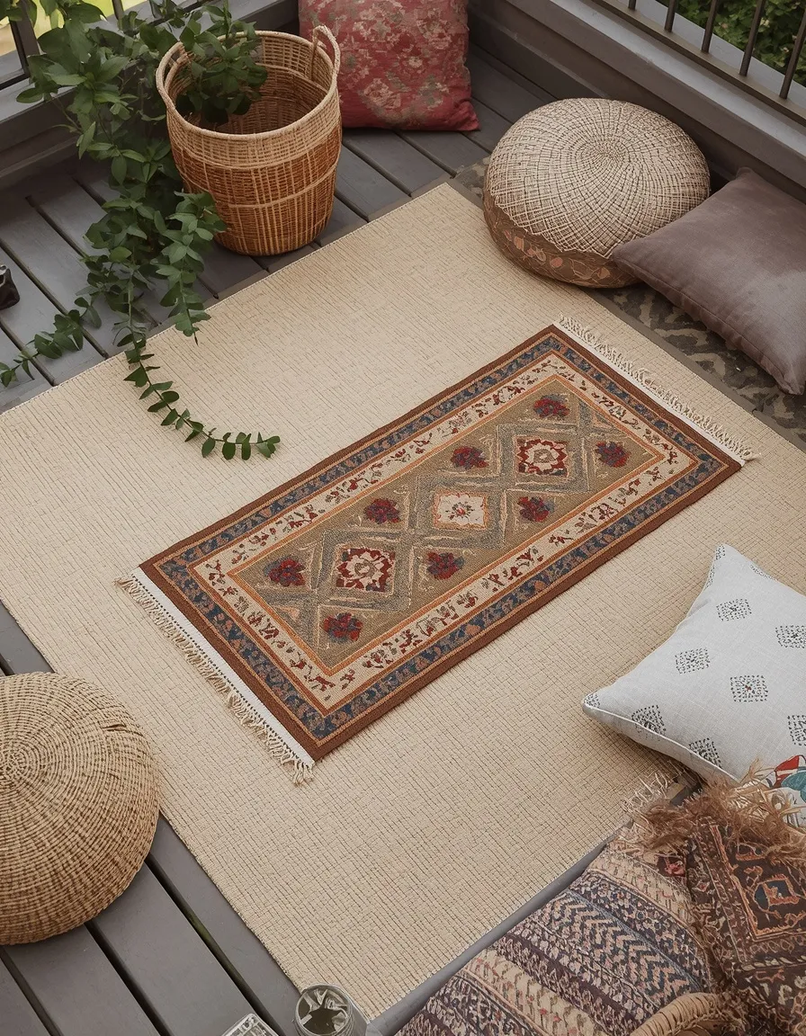 Boho layered rug and cushions on balcony floor