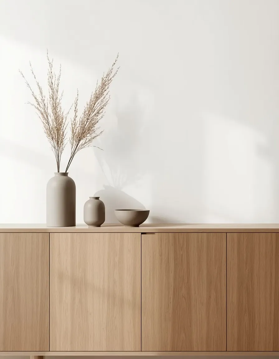 Minimalist vase trio above modern cabinets