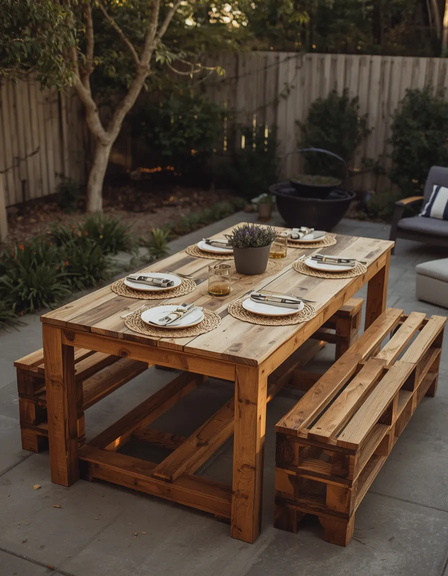 Stacked pallet dining table outdoors