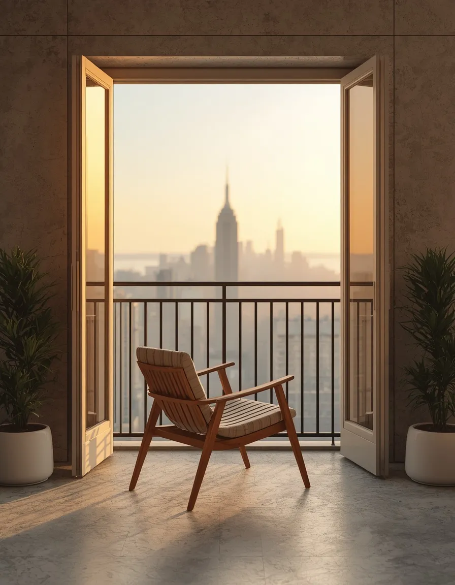 Balcony seating framing city skyline