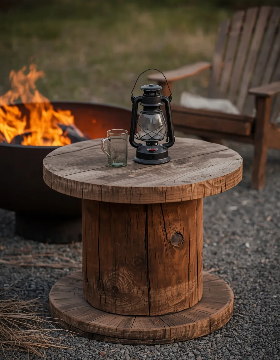 Cable spool table used as garden furniture
