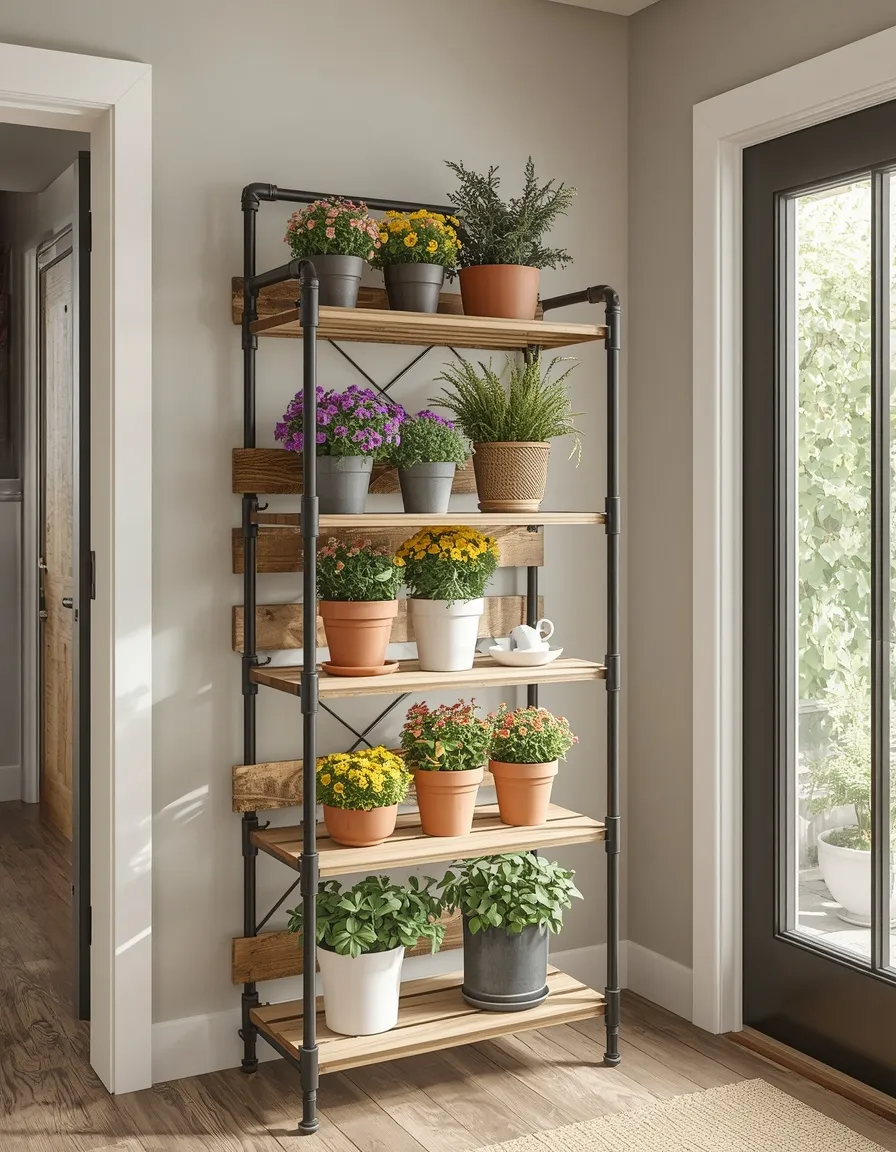 Industrial wood and pipe flower rack idea