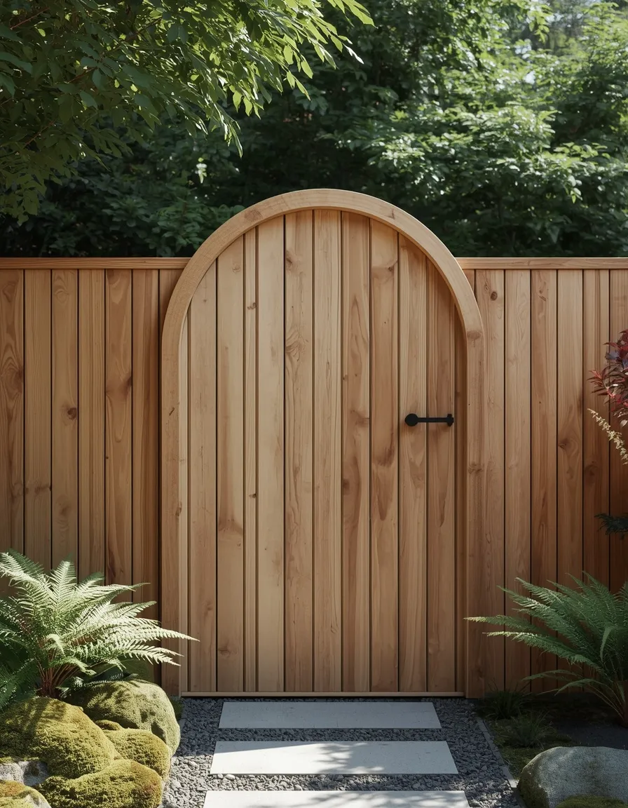 Moon-inspired curved timber garden gate