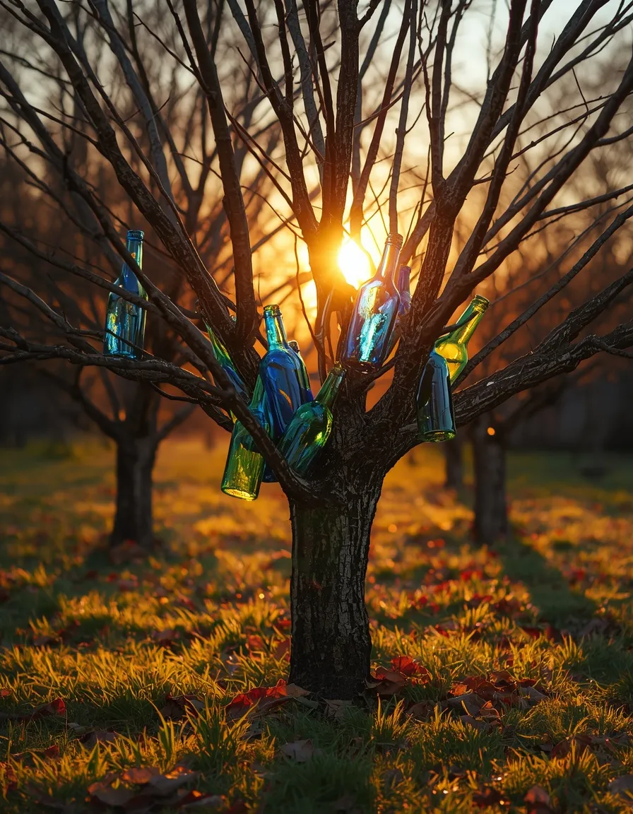 Glass bottle tree in golden sunset light