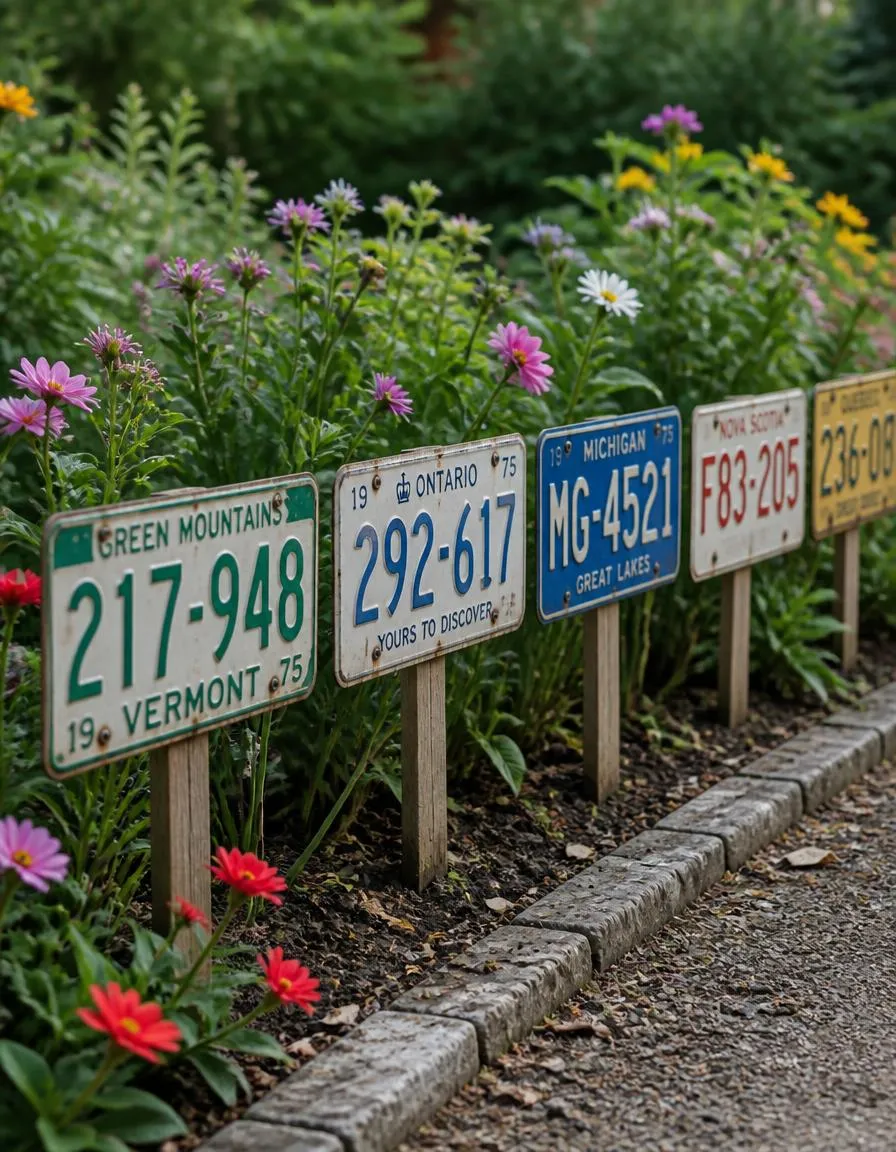 License plate border edging a garden bed