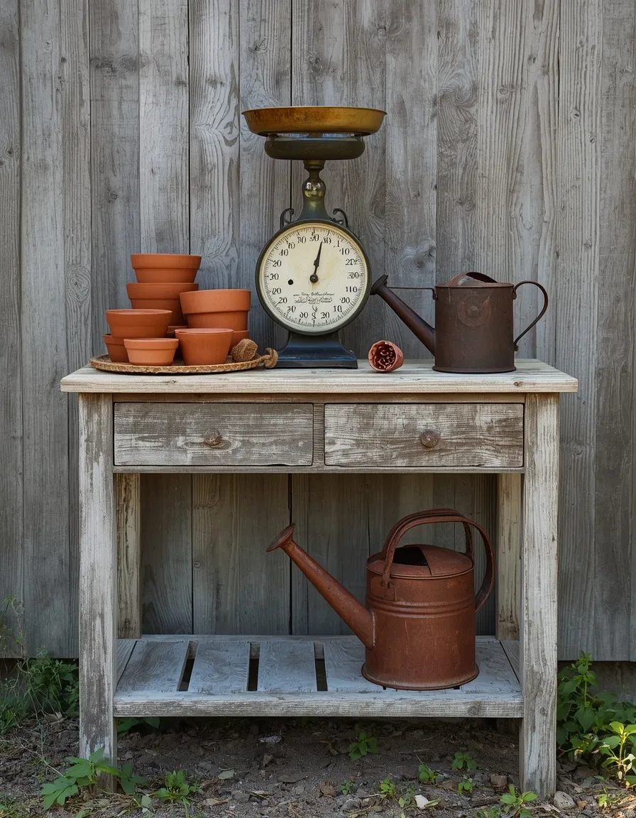 Antique table used as garden potting station