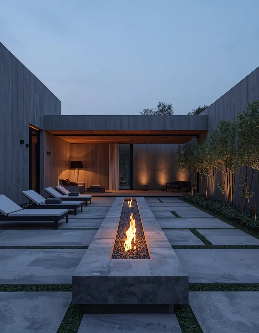 Concrete courtyard with linear fireplace