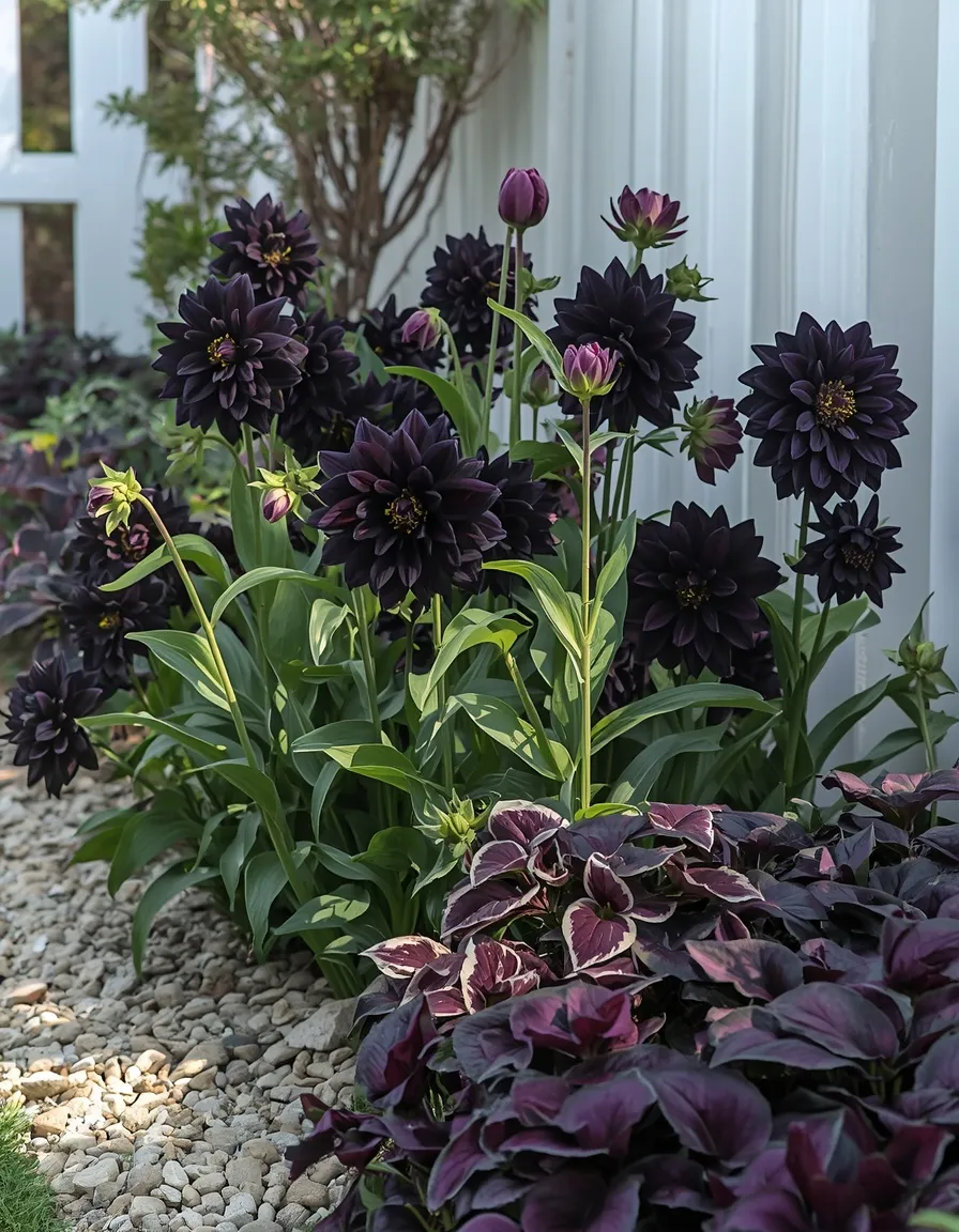 Dark witchy flower bed with black dahlias