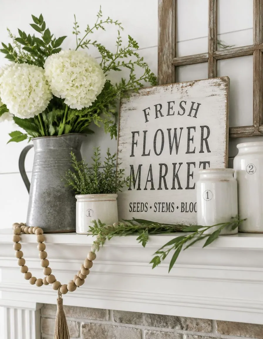 Farmhouse summer mantel with hydrangeas
