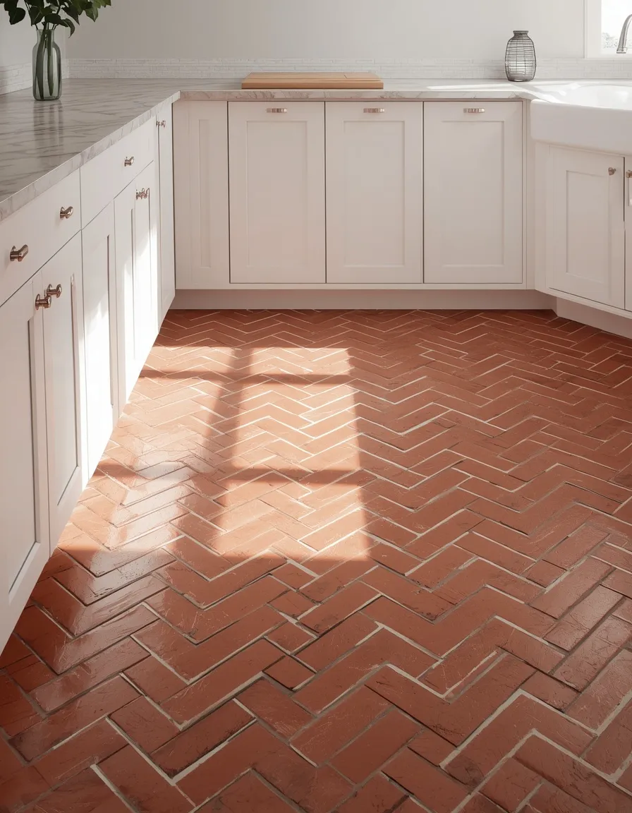 Herringbone brick floor laundry room