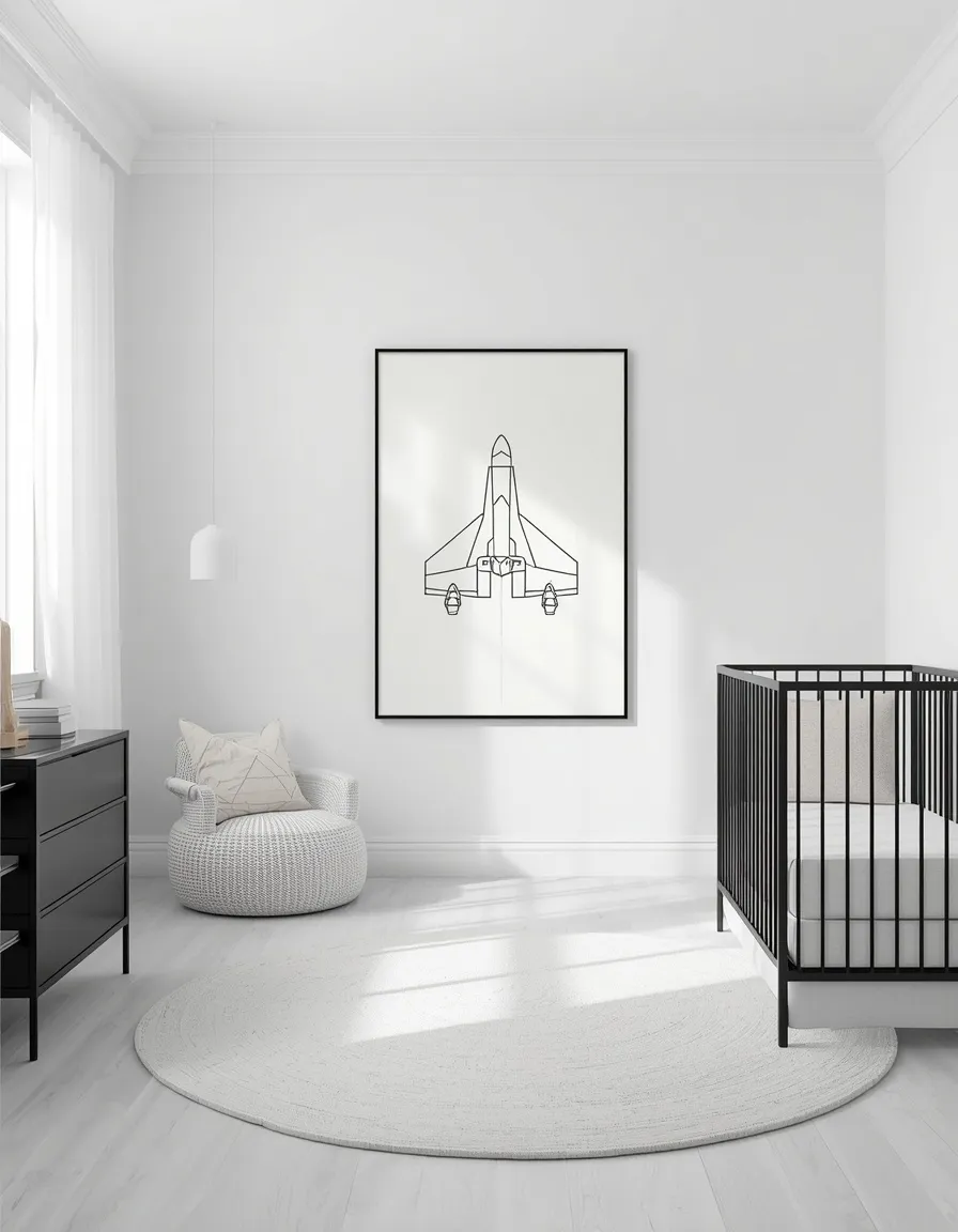 Minimalist nursery with ship silhouette art