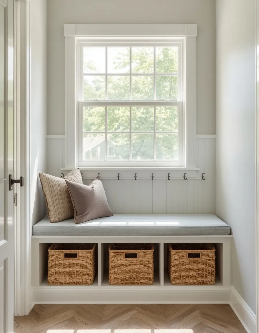 Mudroom bench under a window