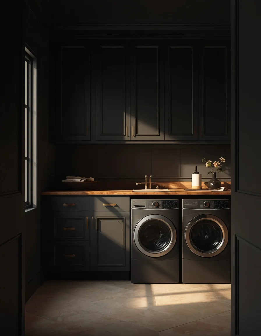 Near-black dramatic laundry room