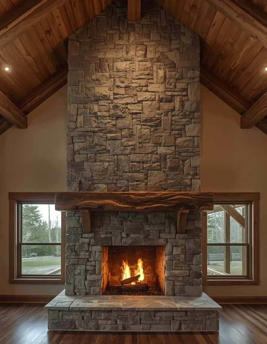 Rustic two story stone fireplace with beam