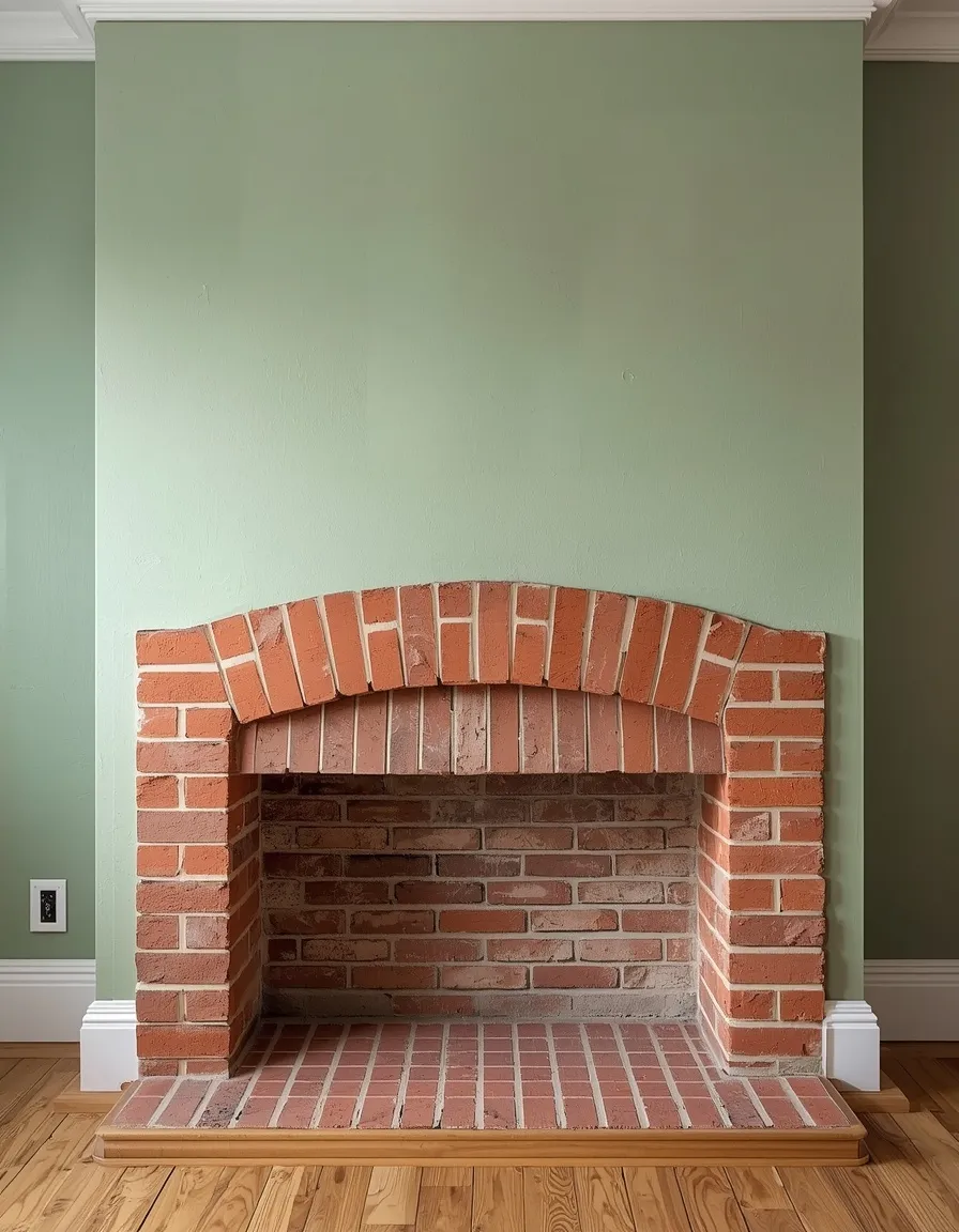 Sage green painted brick fireplace