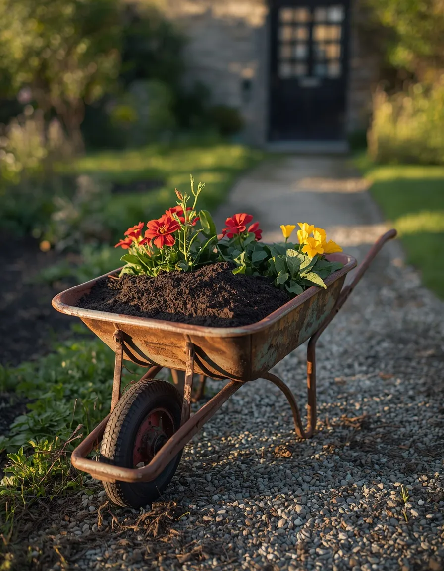 Wheelbarrow flower bed garden junk idea