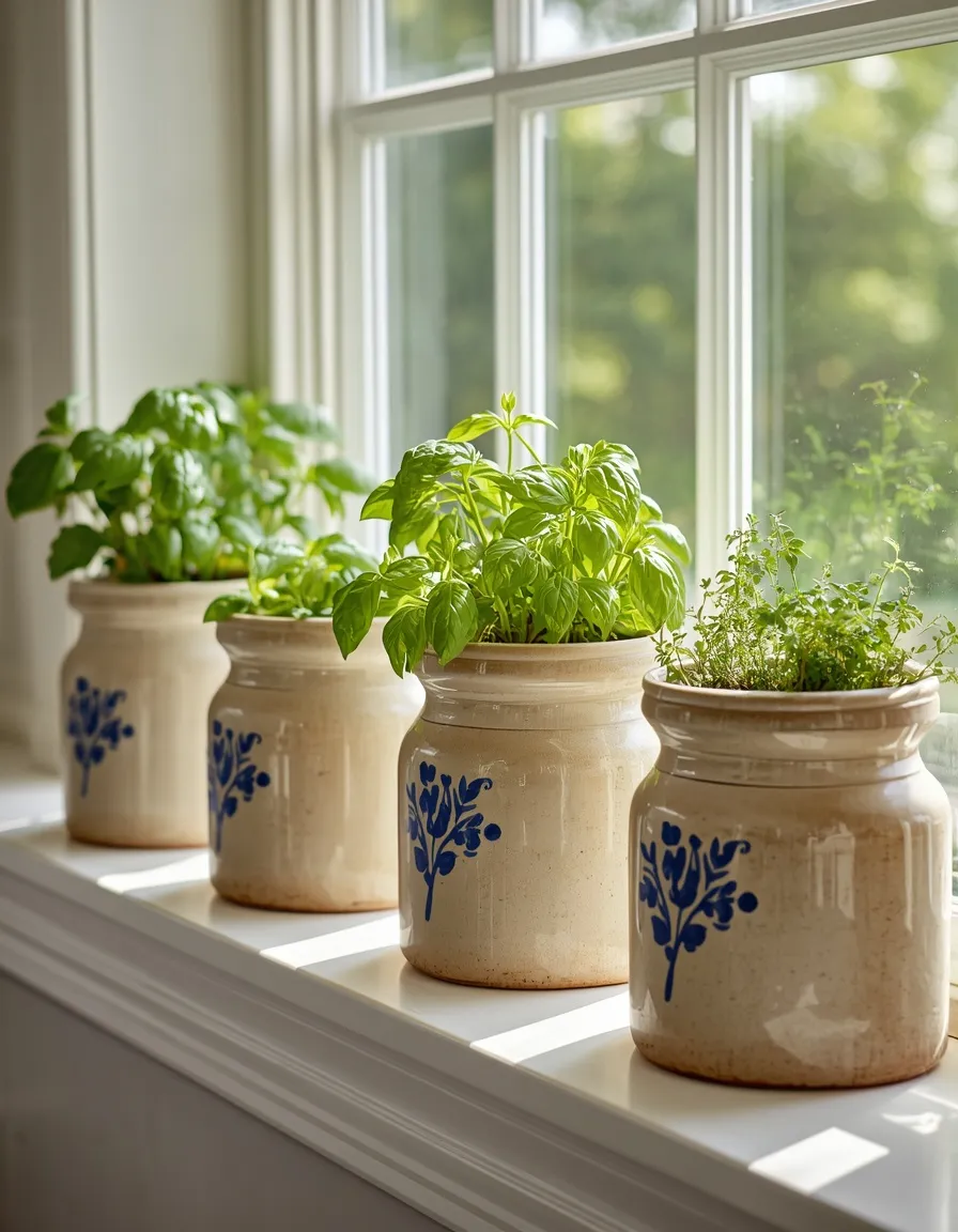 Antique crock planters with fresh herbs