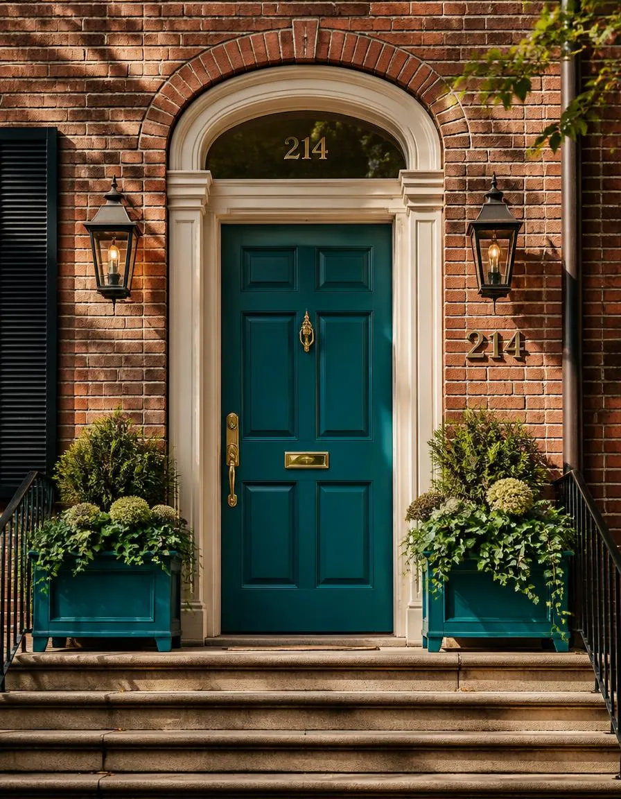 Brown brick house with teal front door